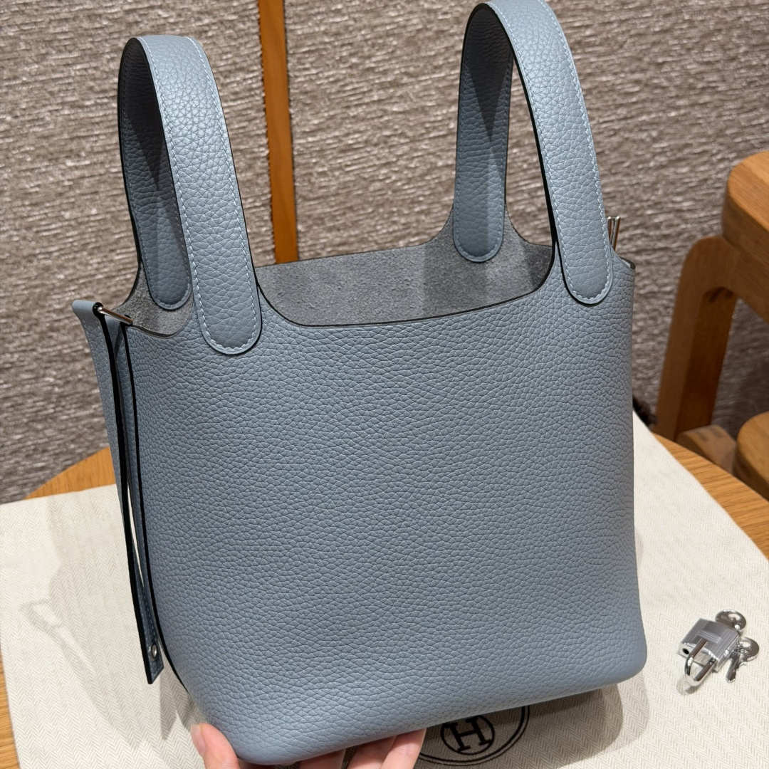 高仿Hermes*Picotin Lock18系列H56289TCJ7亞麻藍牛皮銀扣純手工