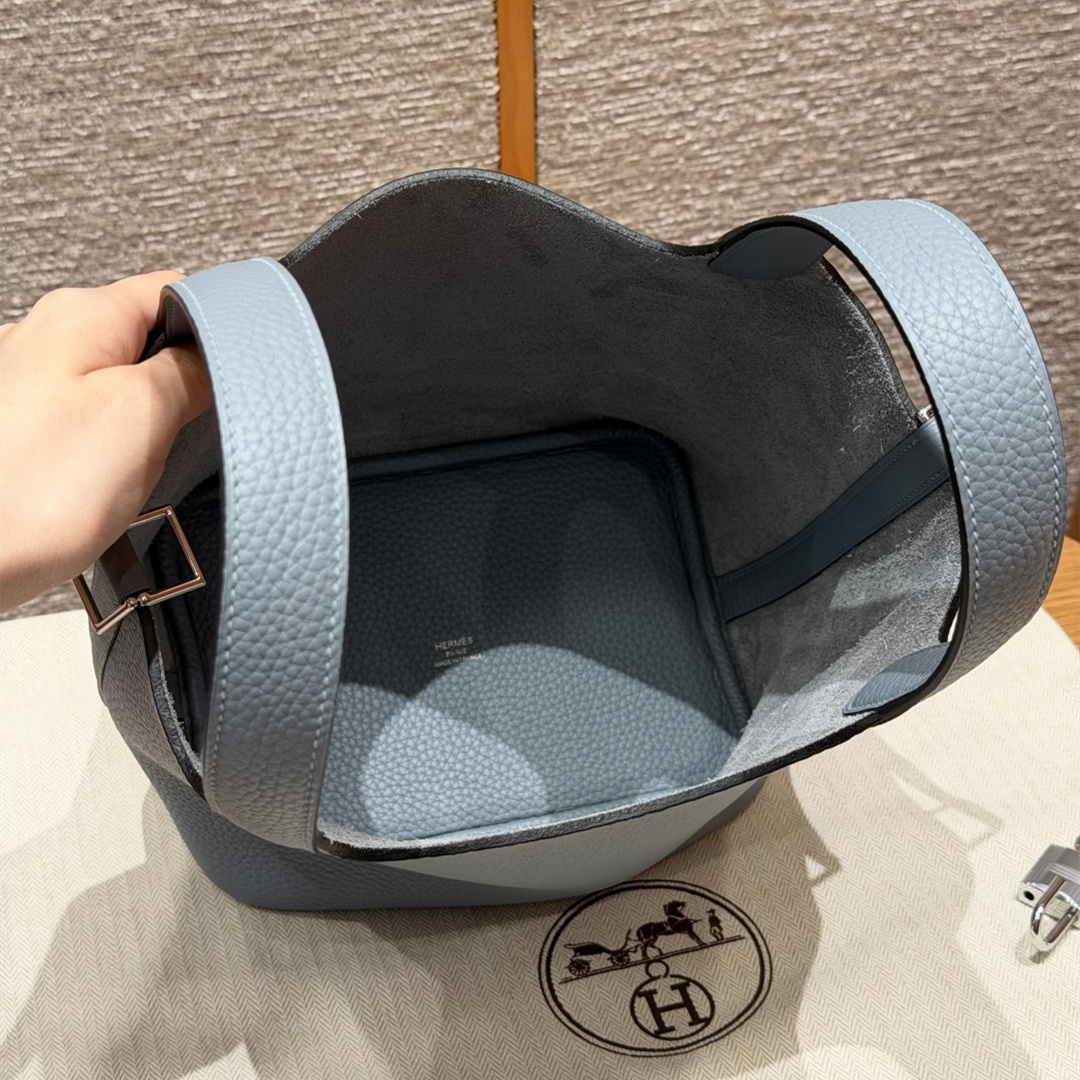 高仿Hermes*Picotin Lock18系列H56289TCJ7亞麻藍牛皮銀扣純手工