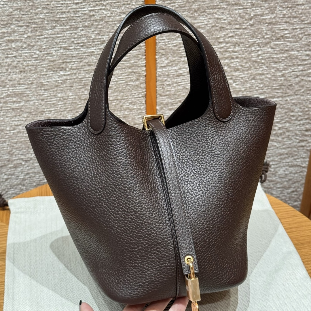 高仿Hermes*Picotin Lock18系列H56289TC47巧克力色牛皮金扣純手工