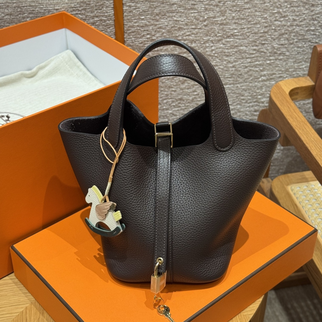 高仿Hermes*Picotin Lock18系列H56289TC47巧克力色牛皮金扣純手工
