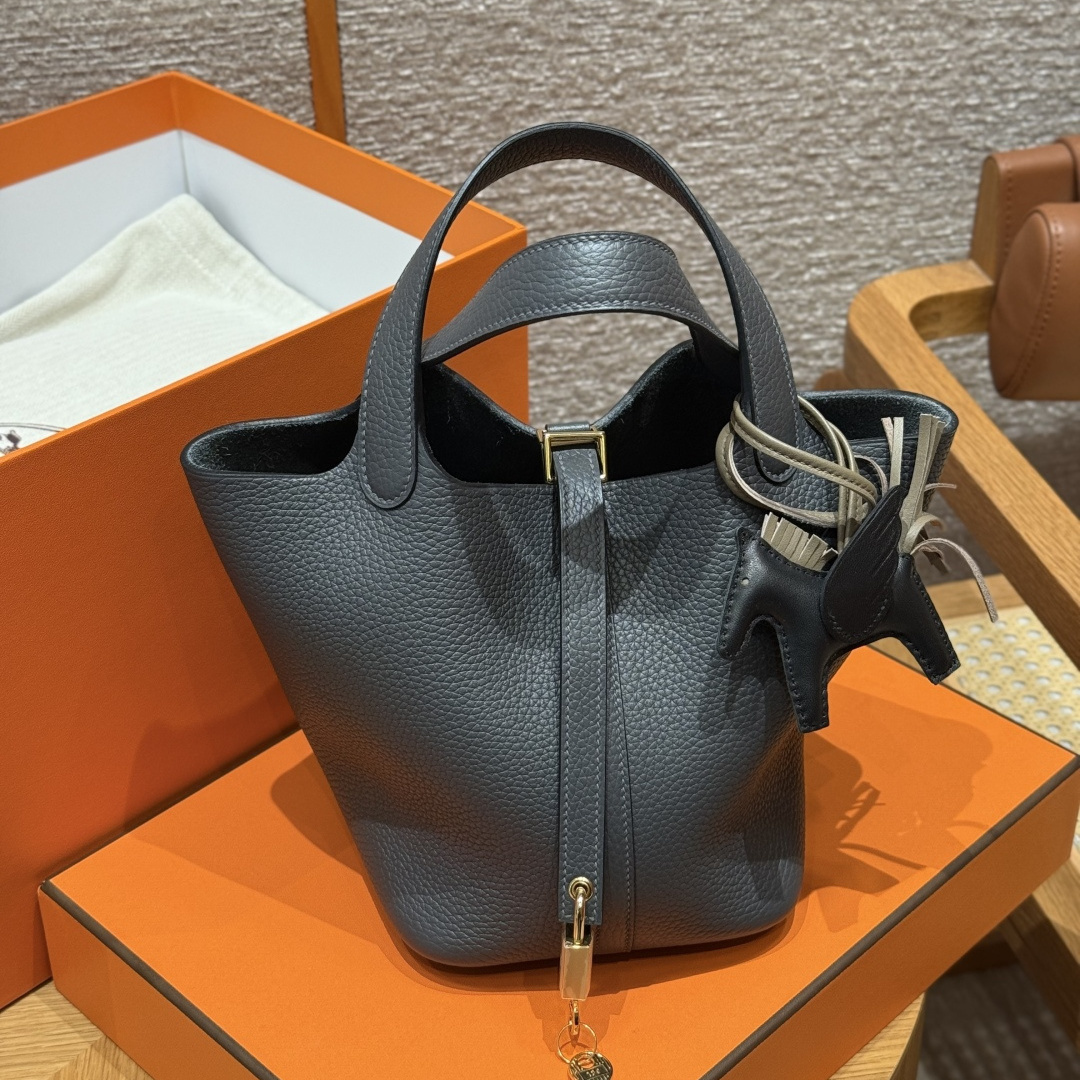 高仿Hermes*Picotin Lock18系列H56289TC88石墨灰牛皮金扣純手工