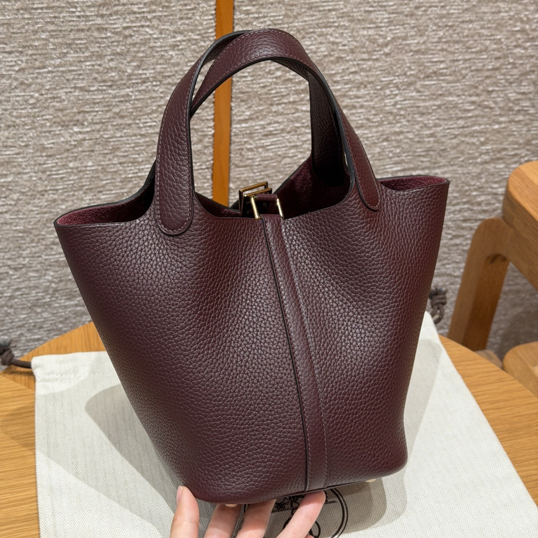 高仿Hermes*Picotin Lock18系列H56289TC0G馬鞍紅牛皮金扣純手工
