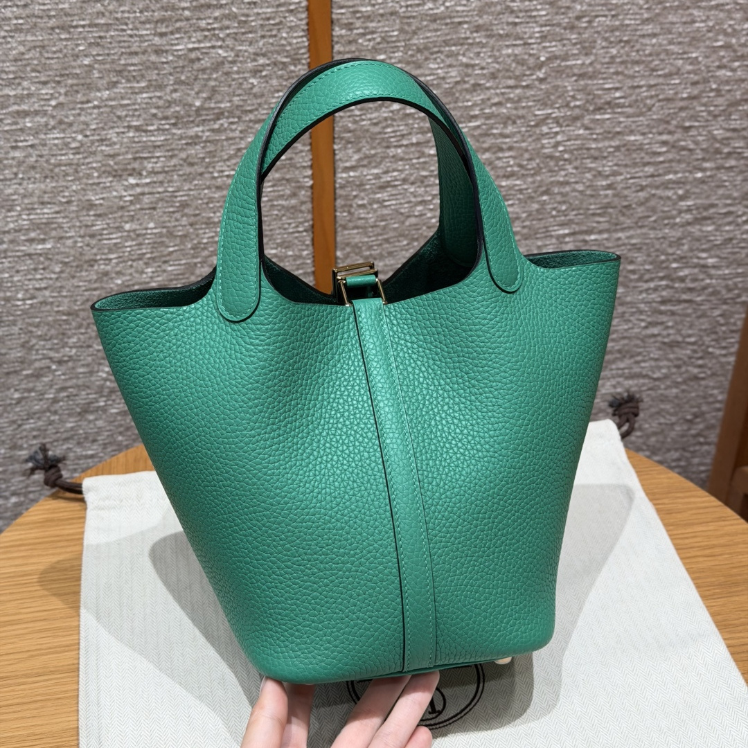 高仿Hermes*Picotin Lock18系列H56289TCO6帝王綠牛皮金扣純手工