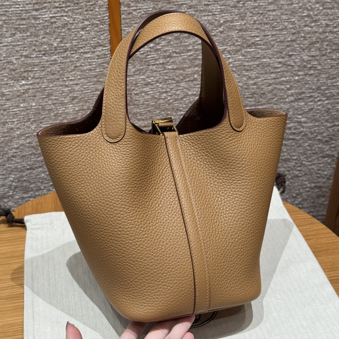 高仿Hermes*Picotin Lock18系列H56289TC4B餅乾色牛皮金扣純手工