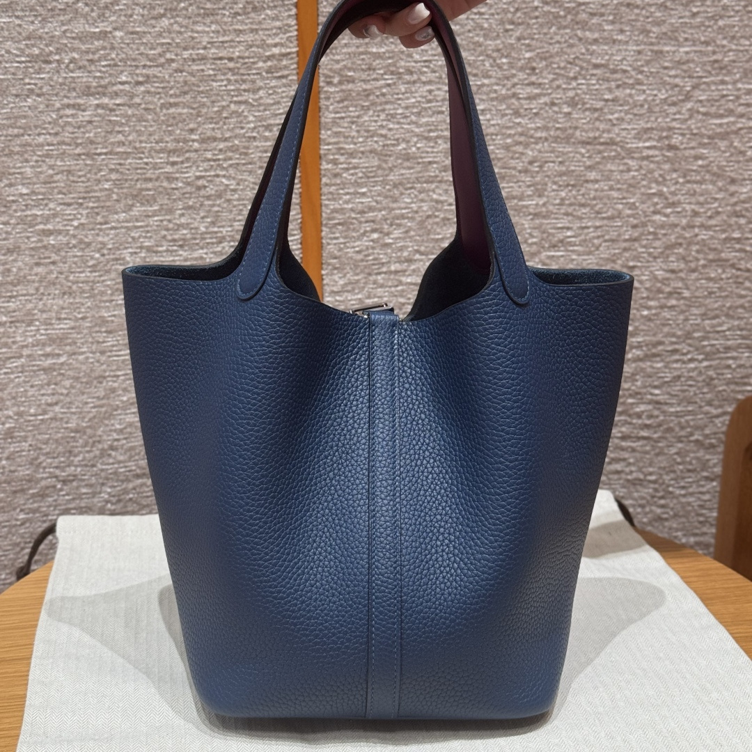 高仿Hermes*Picotin Lock18系列H56289TCS4P9深邃藍拼海葵紫牛皮銀扣純手工