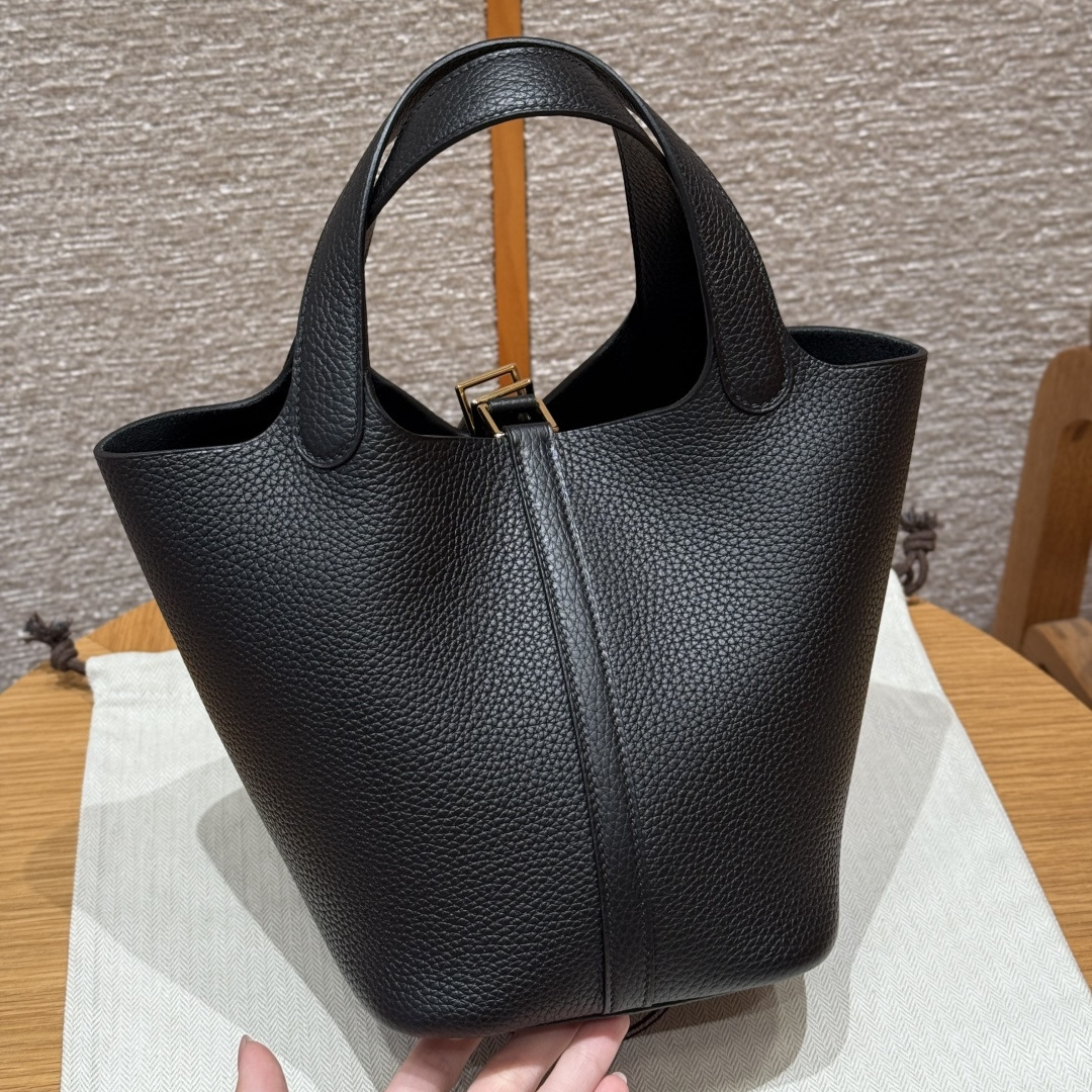 高仿Hermes*Picotin Lock18系列H56289TC89黑色牛皮金扣純手工