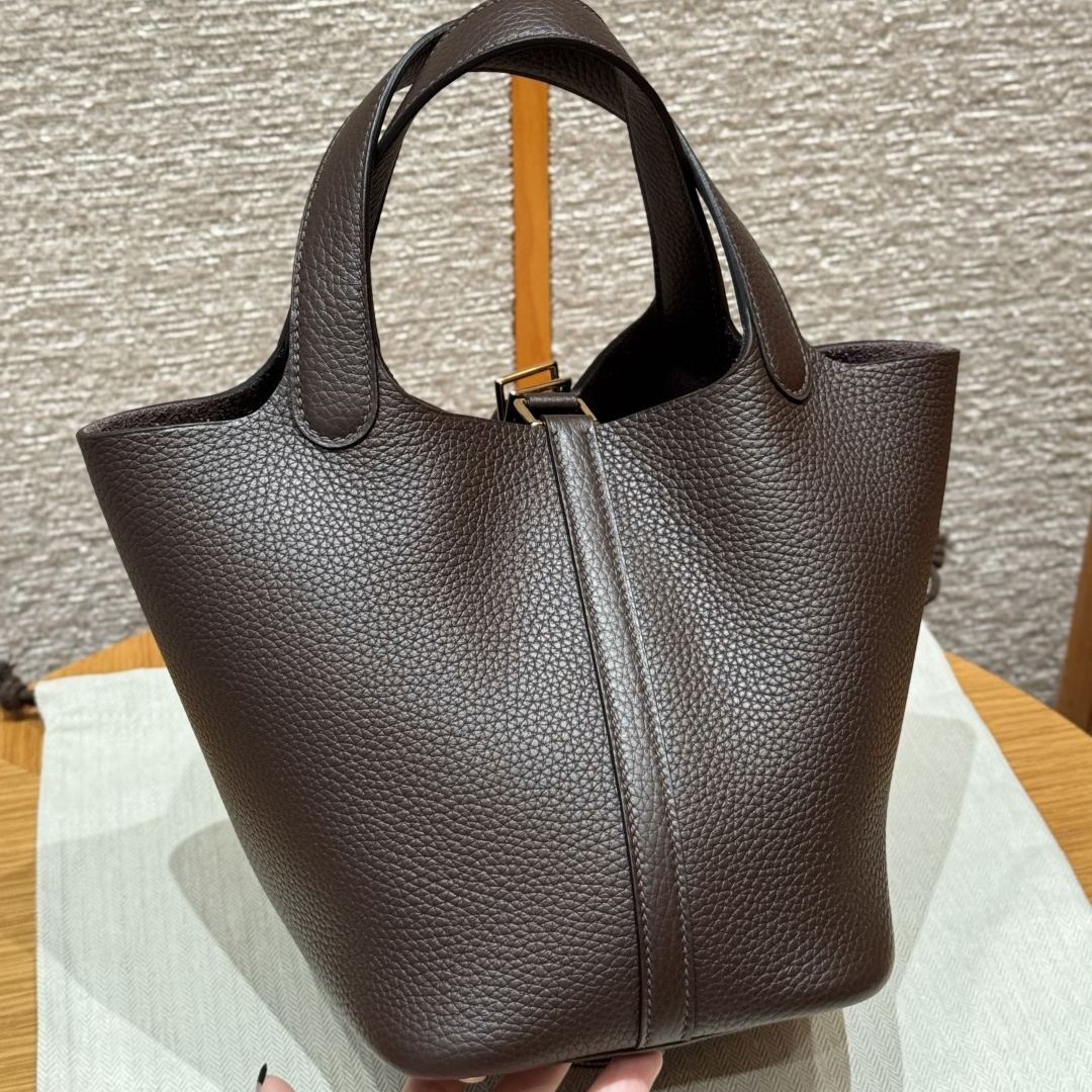 高仿Hermes*Picotin Lock18系列H56289TC47巧克力色牛皮金扣純手工