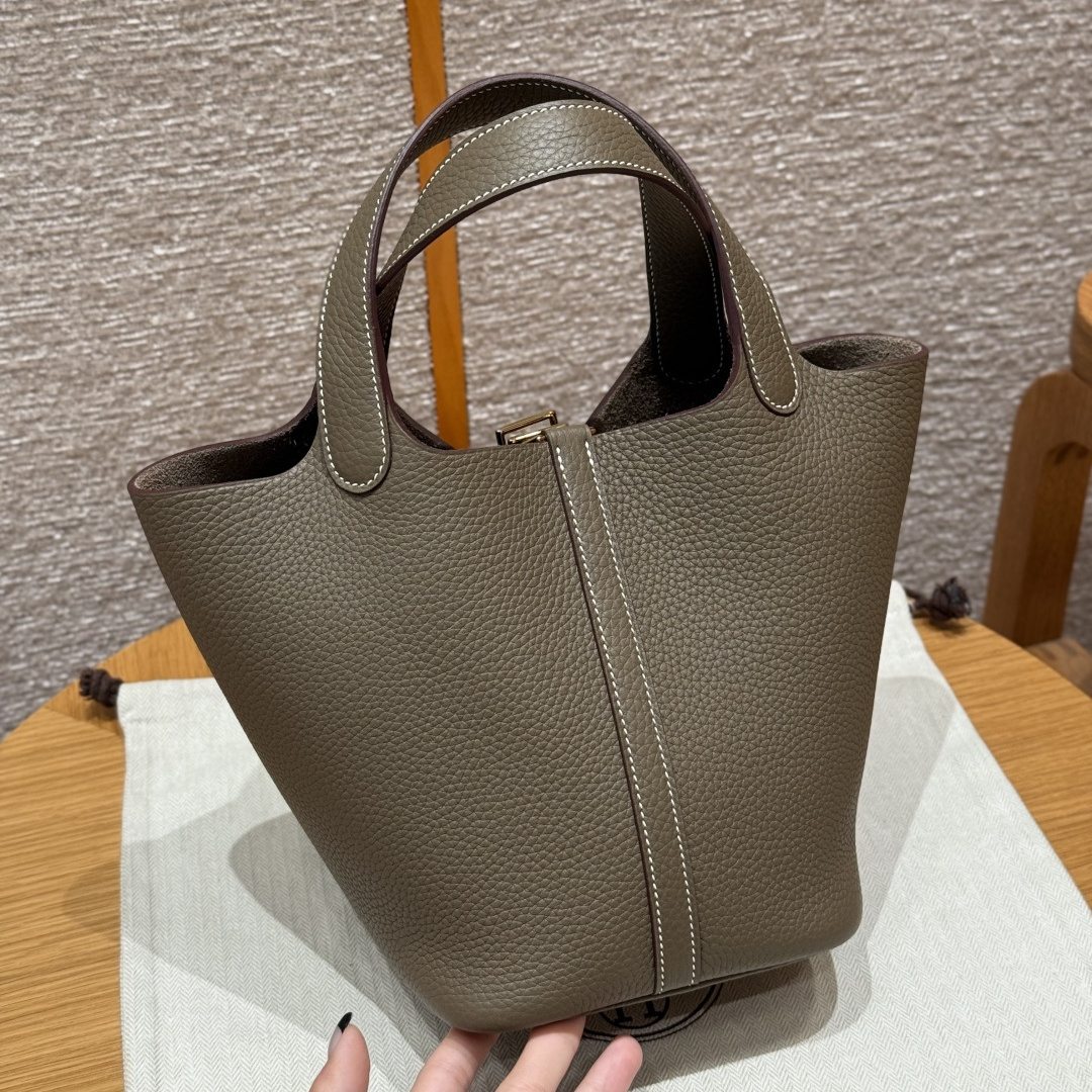 高仿Hermes*Picotin Lock18系列H56289TC18大象灰牛皮金扣純手工