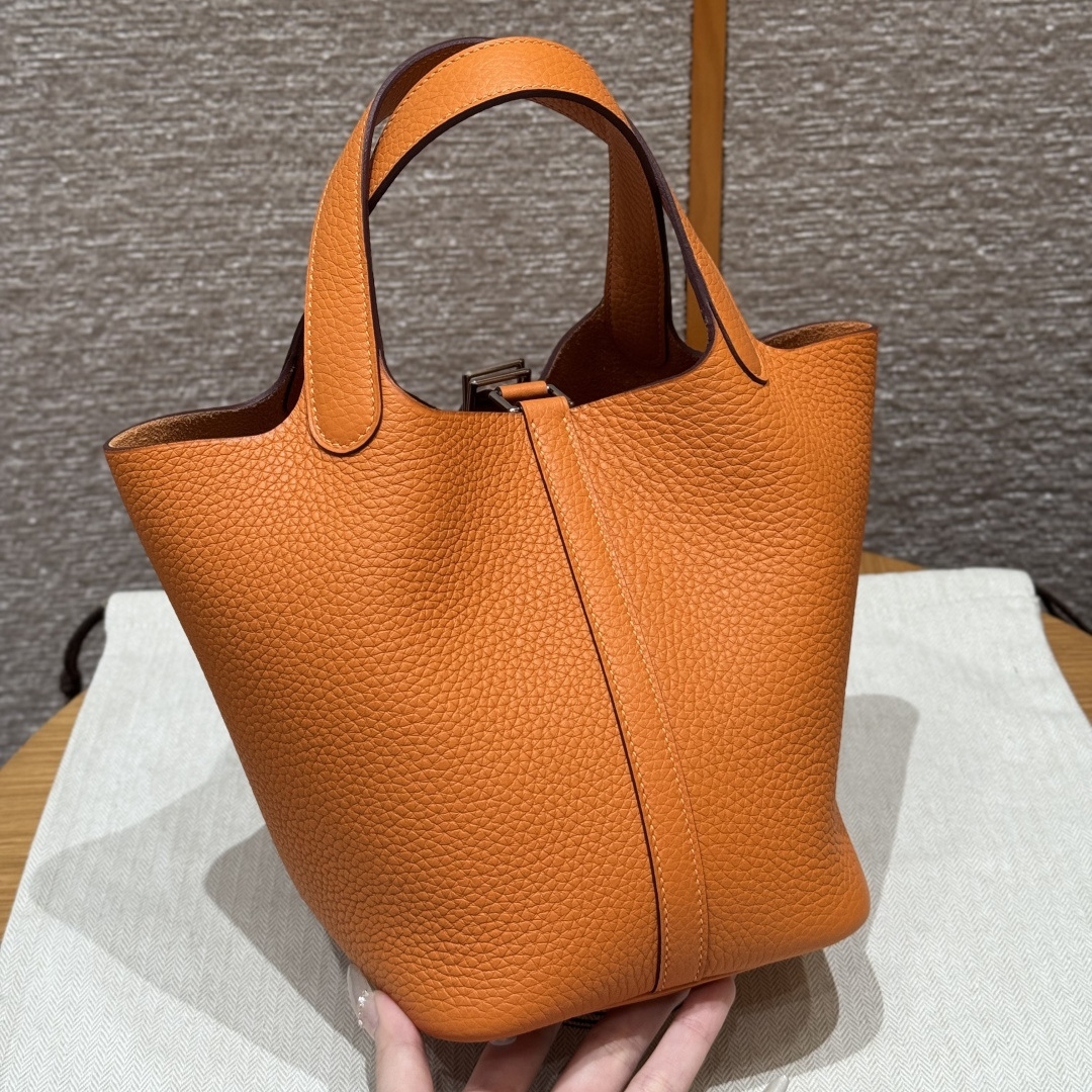 高仿Hermes*Picotin Lock18系列H56289TC93經典橙綠牛皮銀扣純手工