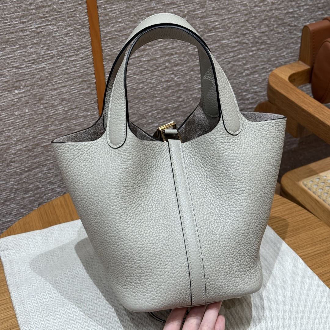 高仿Hermes*Picotin Lock18系列H56289TC8L冰川白灰牛皮金扣純手工
