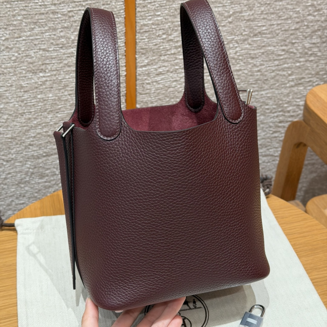 高仿Hermes*Picotin Lock18系列H56289TC0G馬鞍紅牛皮銀扣純手工