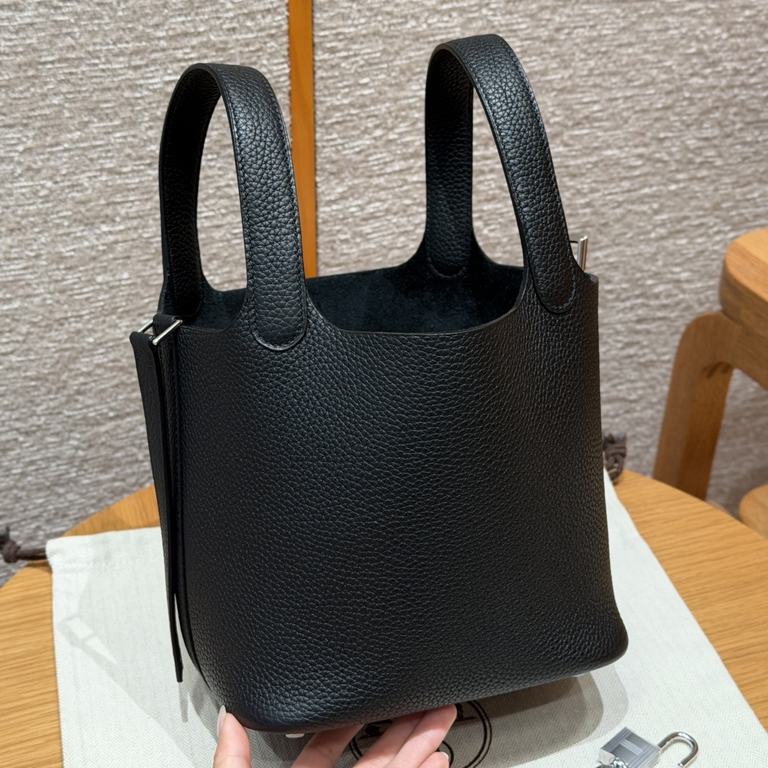 高仿Hermes*Picotin Lock18系列H56289TC89黑色牛皮銀扣純手工