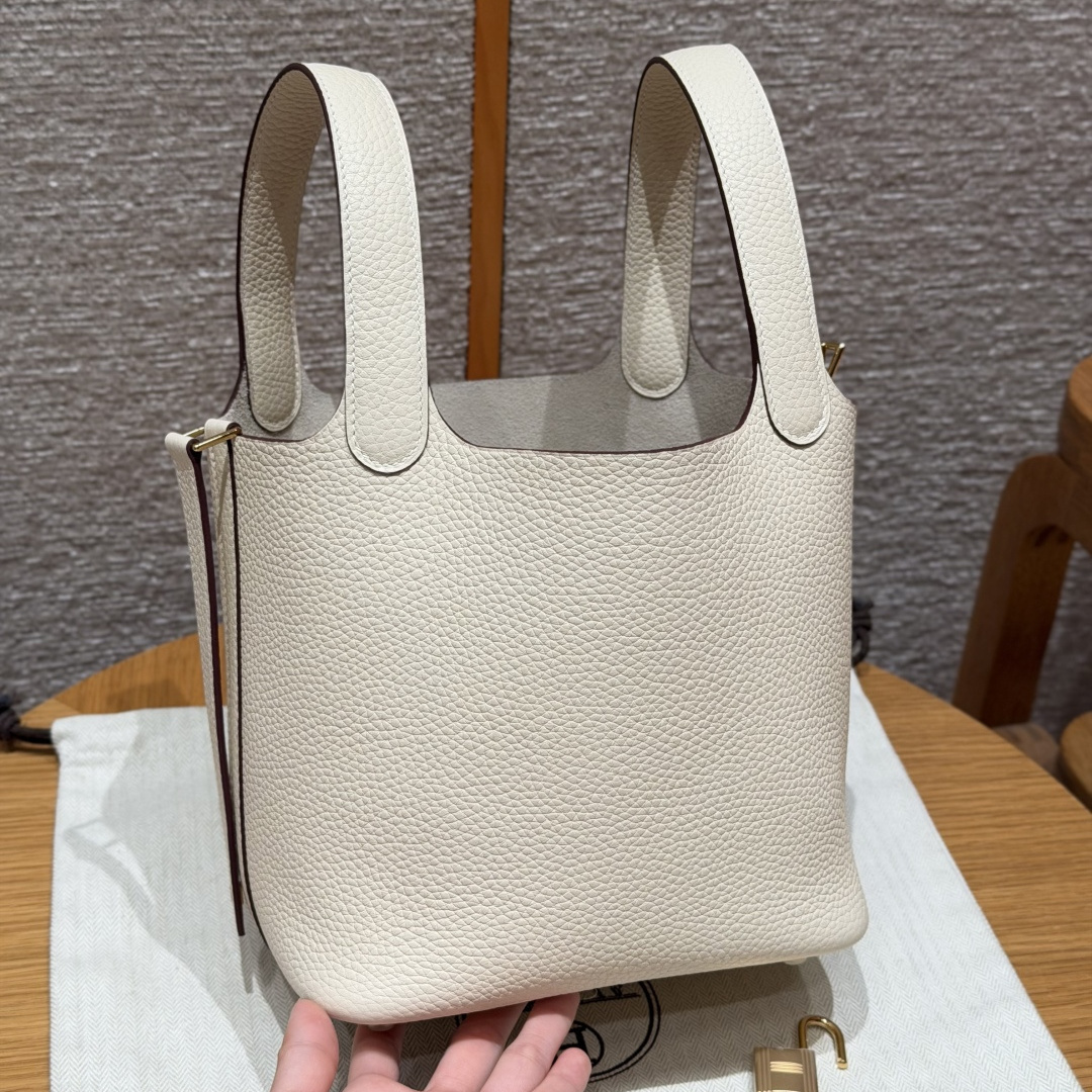 高仿Hermes*Picotin Lock18系列H56289TC89奶油白牛皮金扣純手工