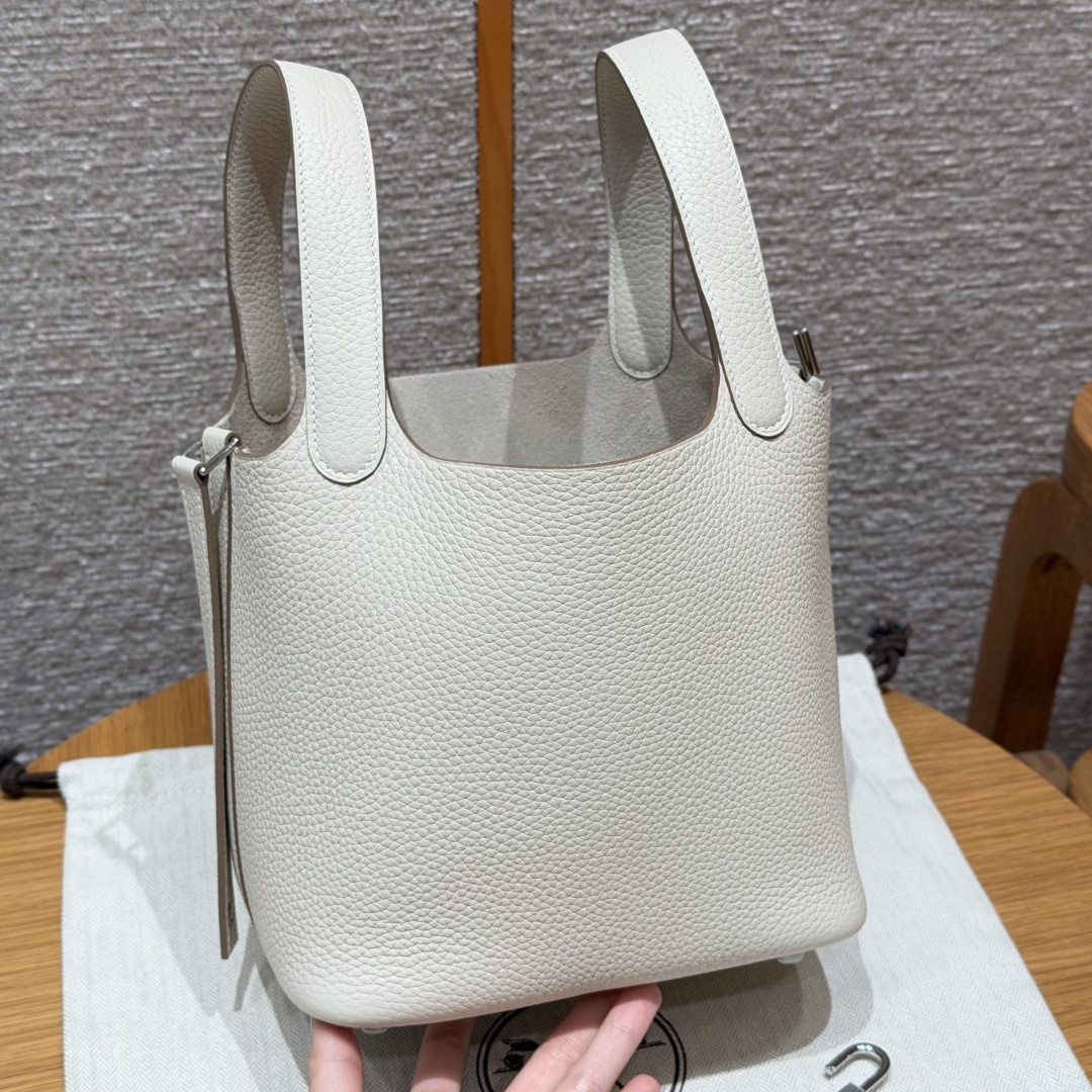 高仿Hermes*Picotin Lock18系列H56289TC10奶昔白牛皮銀扣純手工