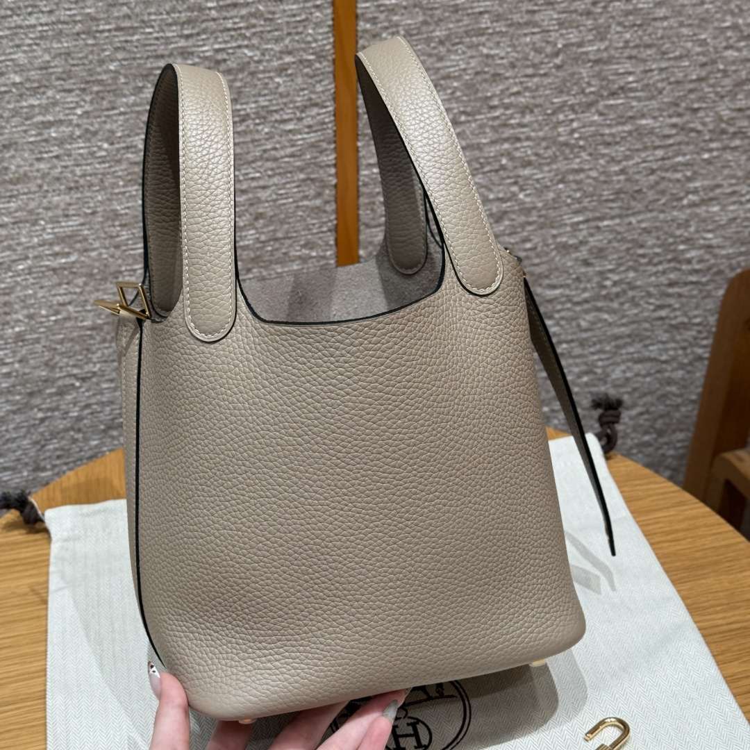 高仿Hermes*Picotin Lock18系列H56289TC81斑鳩灰牛皮金扣純手工