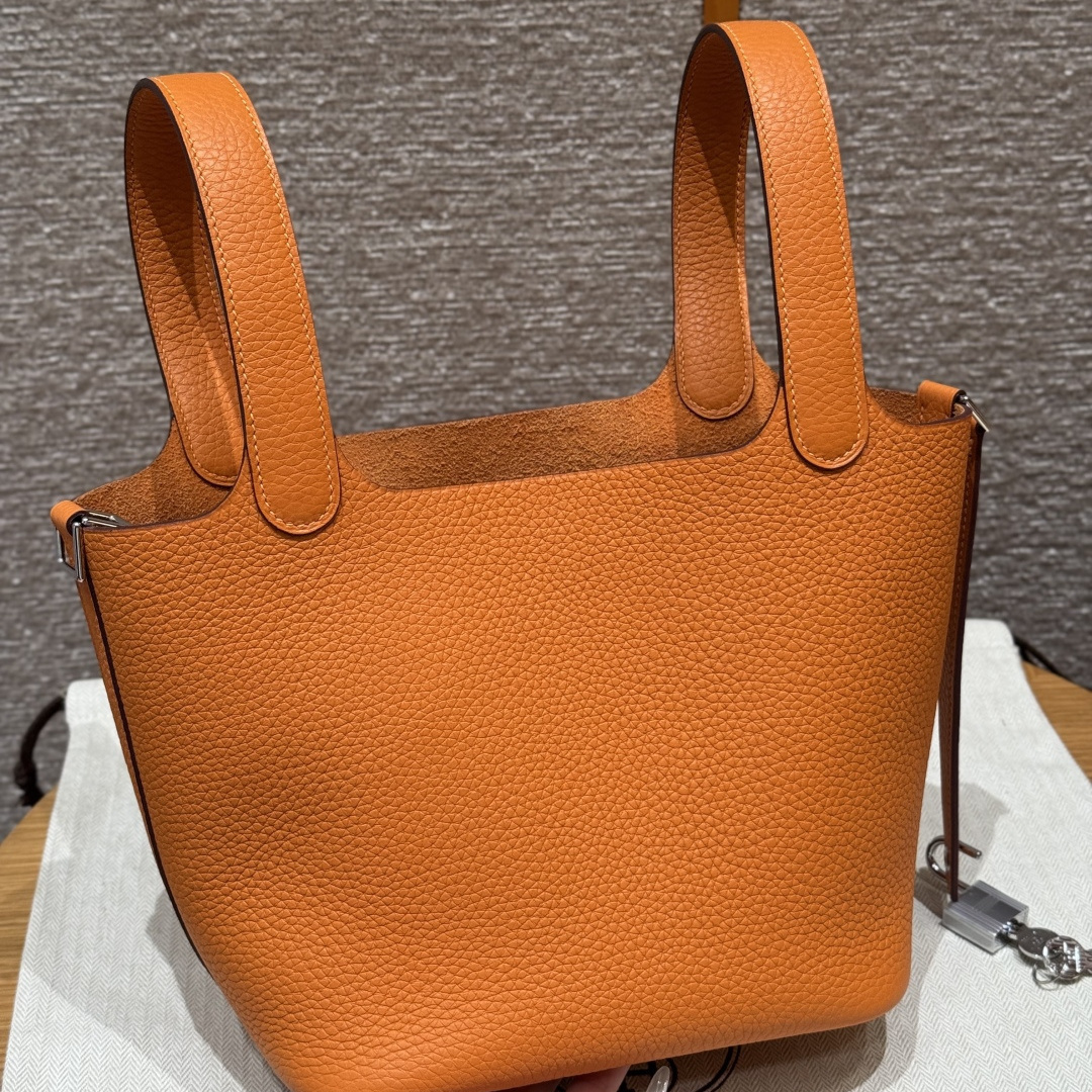 高仿Hermes*Picotin Lock18系列H56289TC93經典橙綠牛皮銀扣純手工