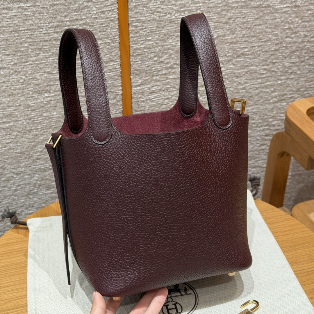 高仿Hermes*Picotin Lock18系列H56289TC0G馬鞍紅牛皮金扣純手工