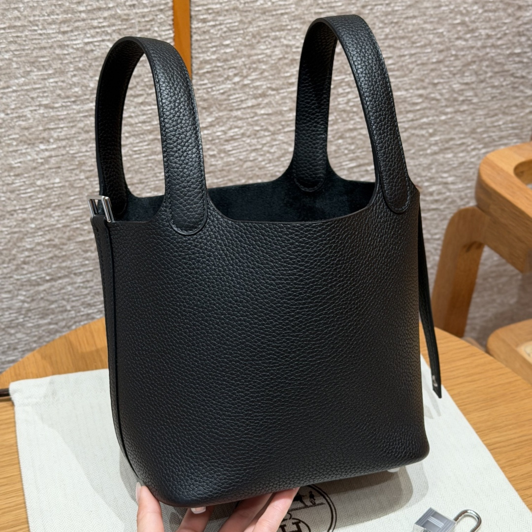 高仿Hermes*Picotin Lock18系列H56289TC89黑色牛皮銀扣純手工