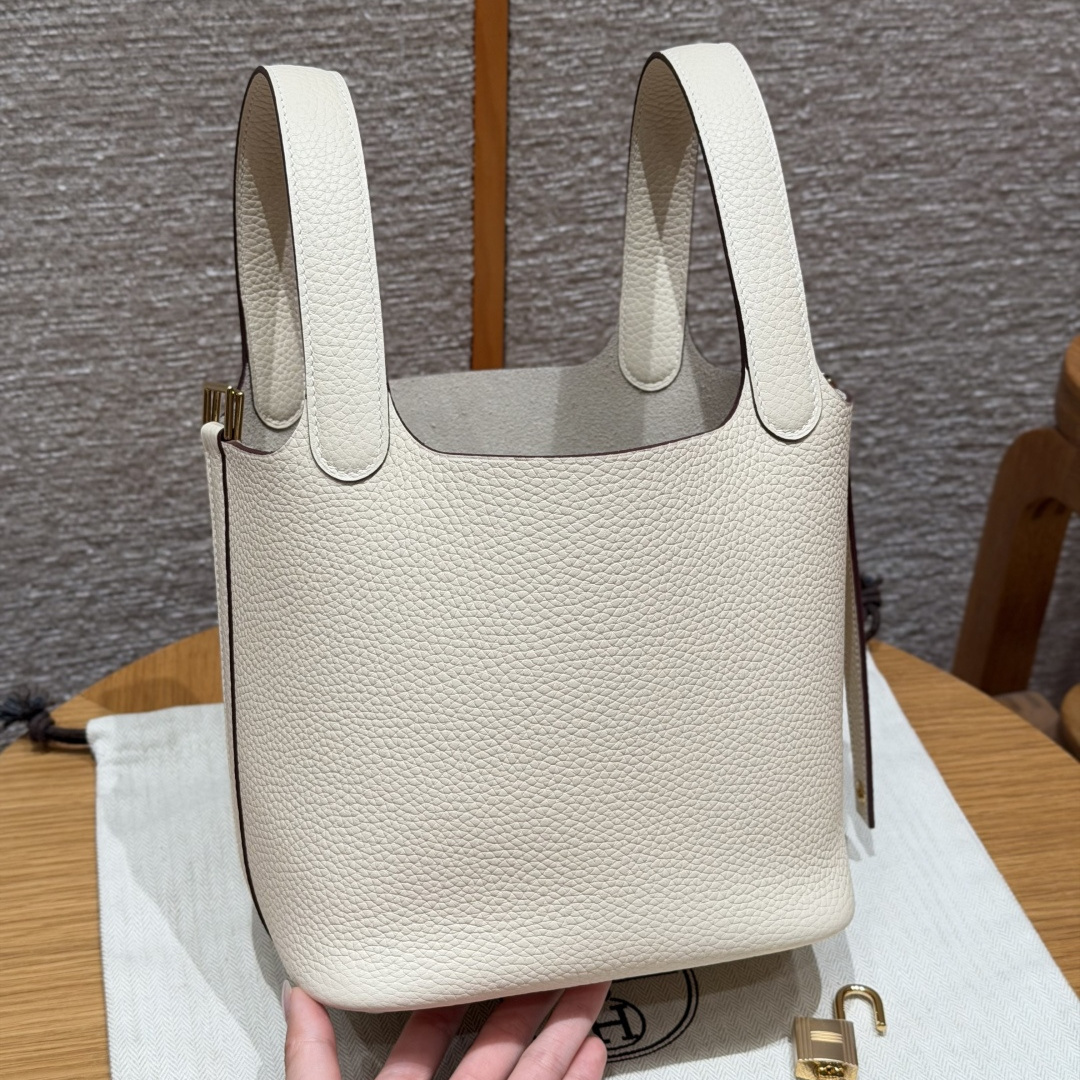 高仿Hermes*Picotin Lock18系列H56289TC89奶油白牛皮金扣純手工