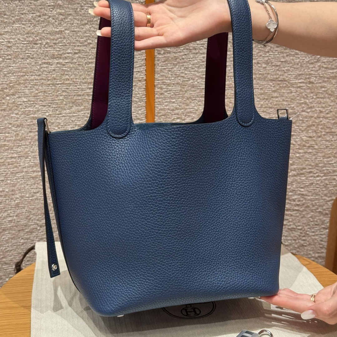 高仿Hermes*Picotin Lock18系列H56289TCS4P9深邃藍拼海葵紫牛皮銀扣純手工