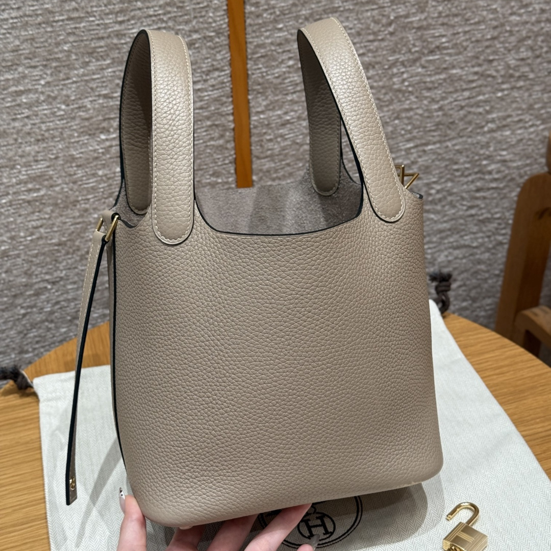 高仿Hermes*Picotin Lock18系列H56289TC81斑鳩灰牛皮金扣純手工