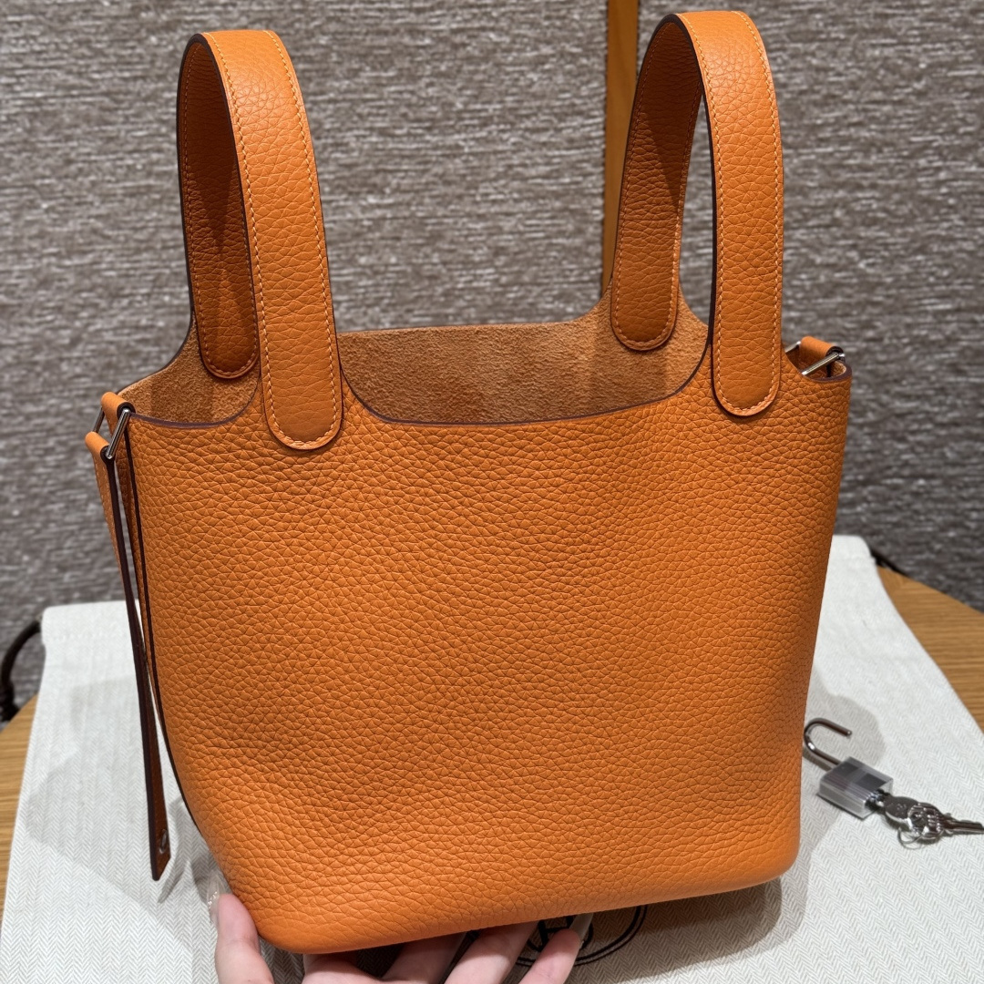 高仿Hermes*Picotin Lock18系列H56289TC93經典橙綠牛皮銀扣純手工
