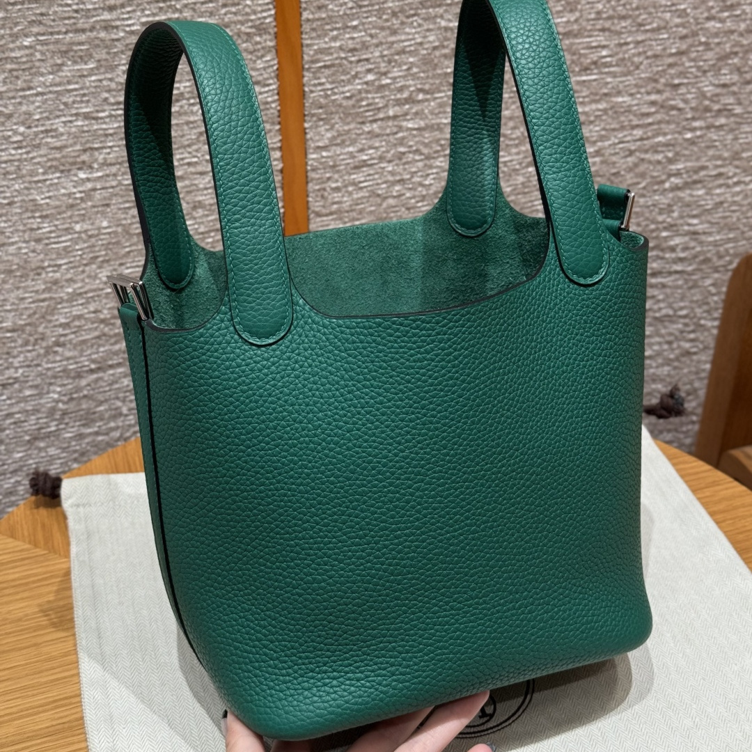 高仿Hermes*Picotin Lock18系列H56289TCU4絲絨綠牛皮銀扣純手工