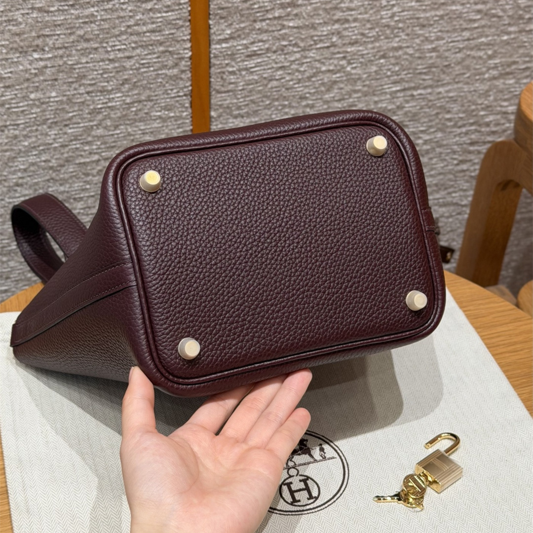 高仿Hermes*Picotin Lock18系列H56289TC0G馬鞍紅牛皮金扣純手工