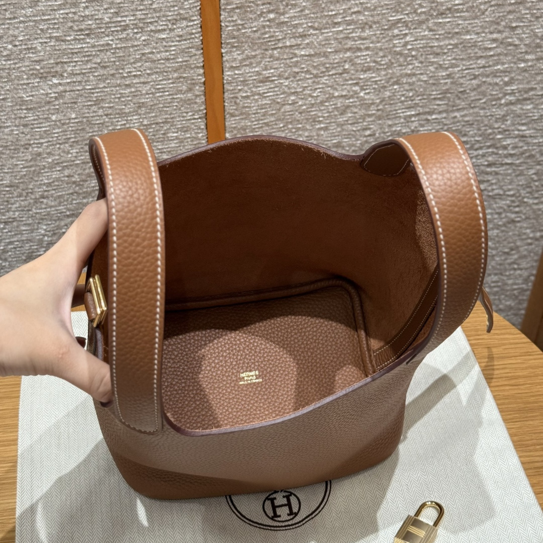 高仿Hermes*Picotin Lock18系列H56289TC37金棕色牛皮金扣純手工