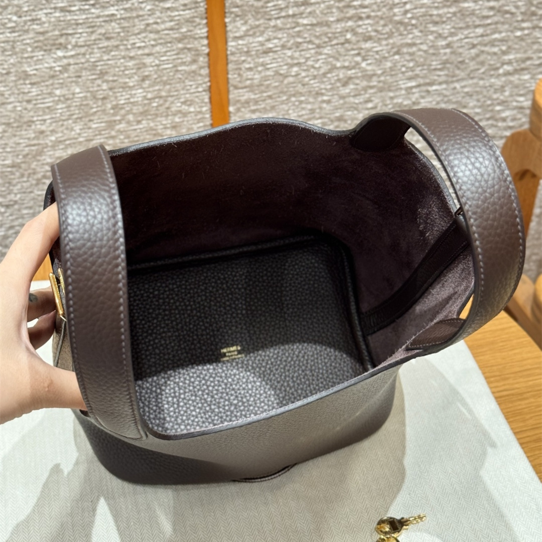 高仿Hermes*Picotin Lock18系列H56289TC47巧克力色牛皮金扣純手工