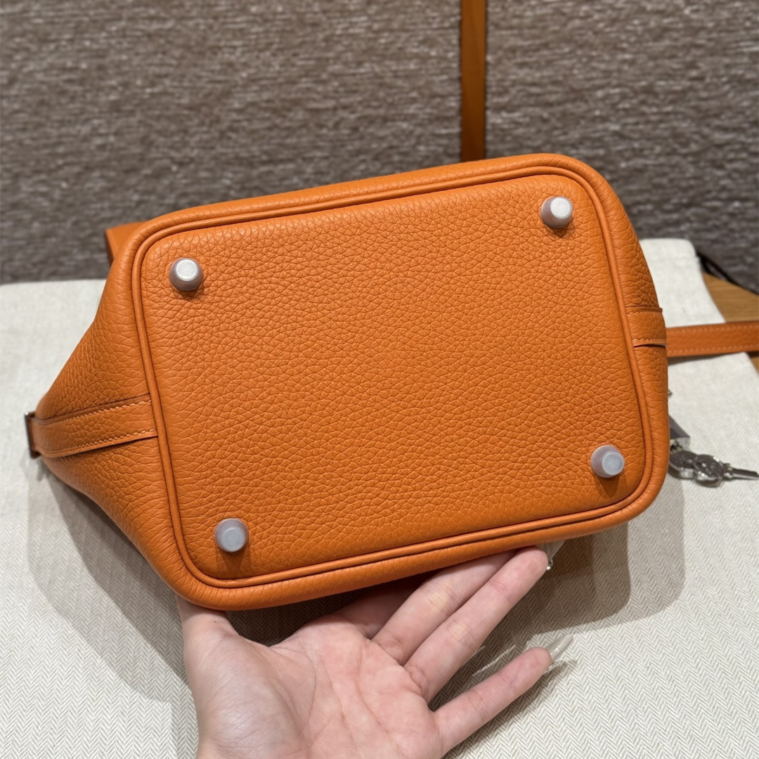 高仿Hermes*Picotin Lock18系列H56289TC93經典橙綠牛皮銀扣純手工
