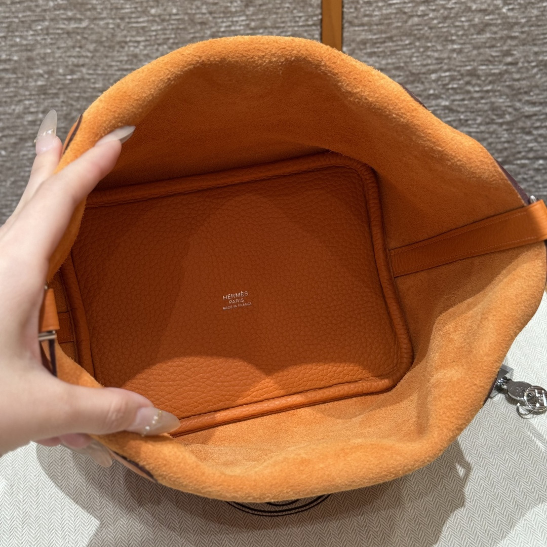 高仿Hermes*Picotin Lock18系列H56289TC93經典橙綠牛皮銀扣純手工