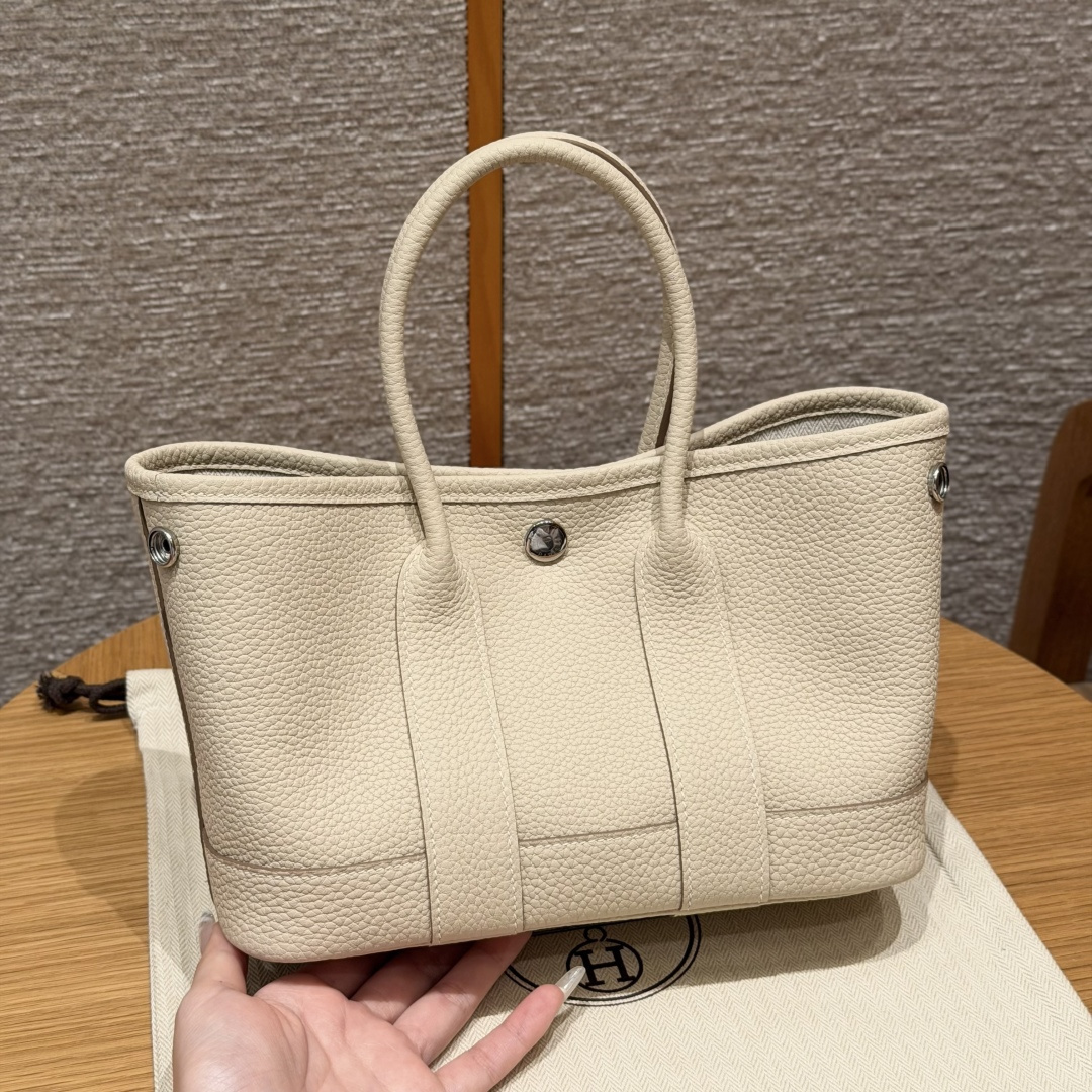 高仿Hermes*Garden Party23系列H08642210奶昔白牛皮銀扣純手工