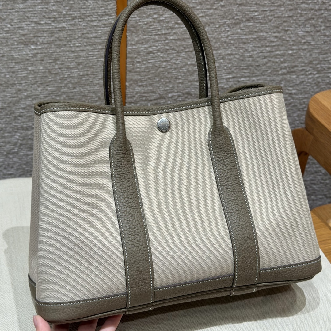 高仿Hermes*Garden Party30系列H0695738L18冰川白拼大象灰帆布牛皮銀扣純手工
