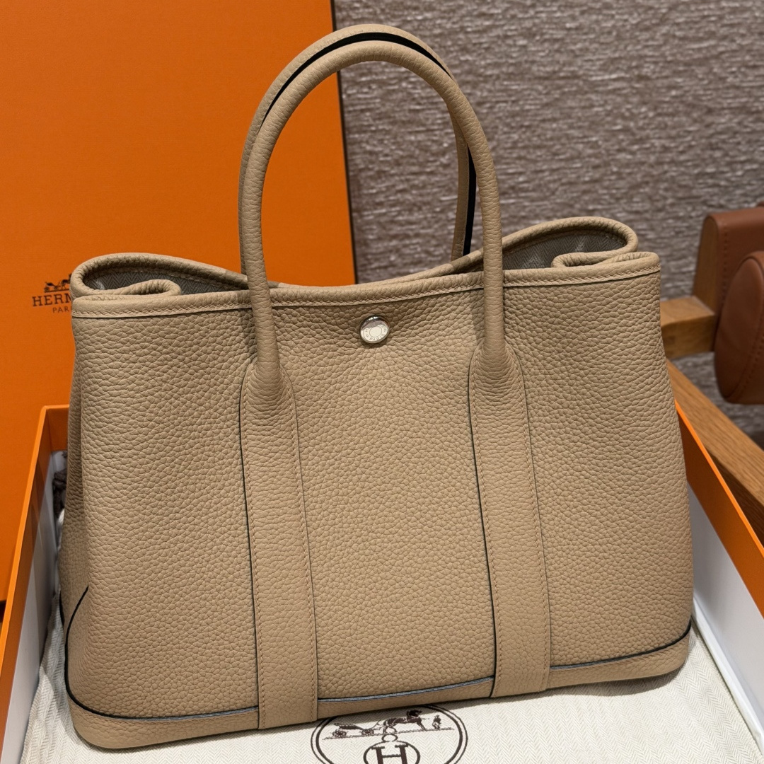 高仿Hermes*Garden Party30系列H051568S2風衣灰牛皮銀扣純手工