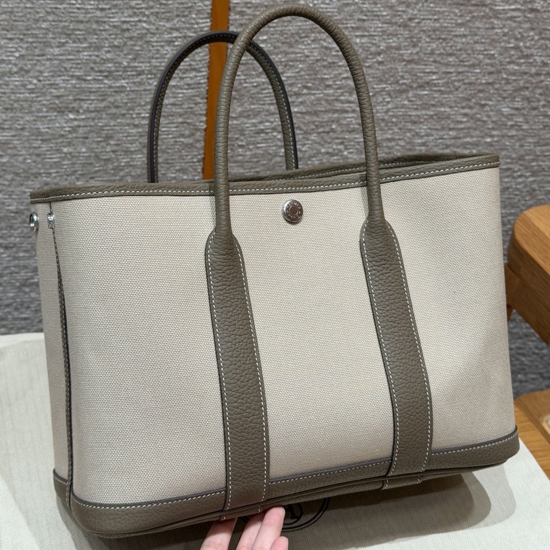 高仿Hermes*Garden Party30系列H0695738L18冰川白拼大象灰帆布牛皮銀扣純手工