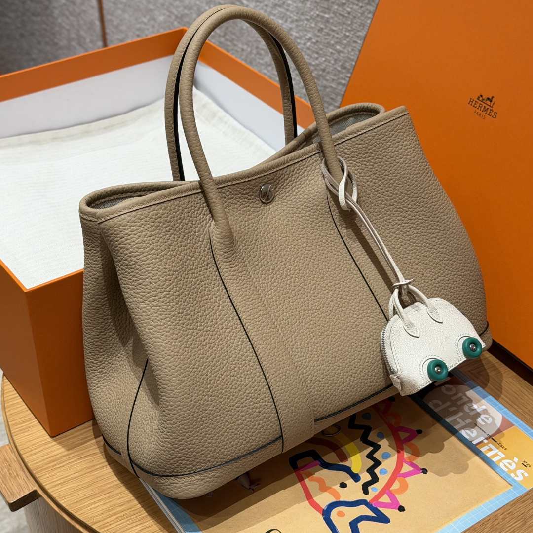高仿Hermes*Garden Party30系列H051568S2風衣灰牛皮銀扣純手工