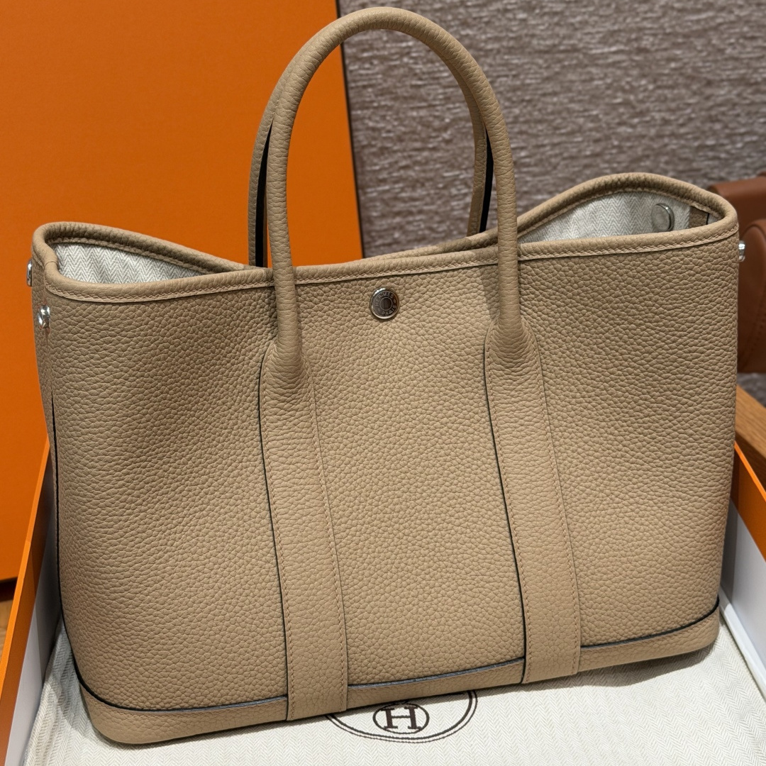 高仿Hermes*Garden Party30系列H051568S2風衣灰牛皮銀扣純手工