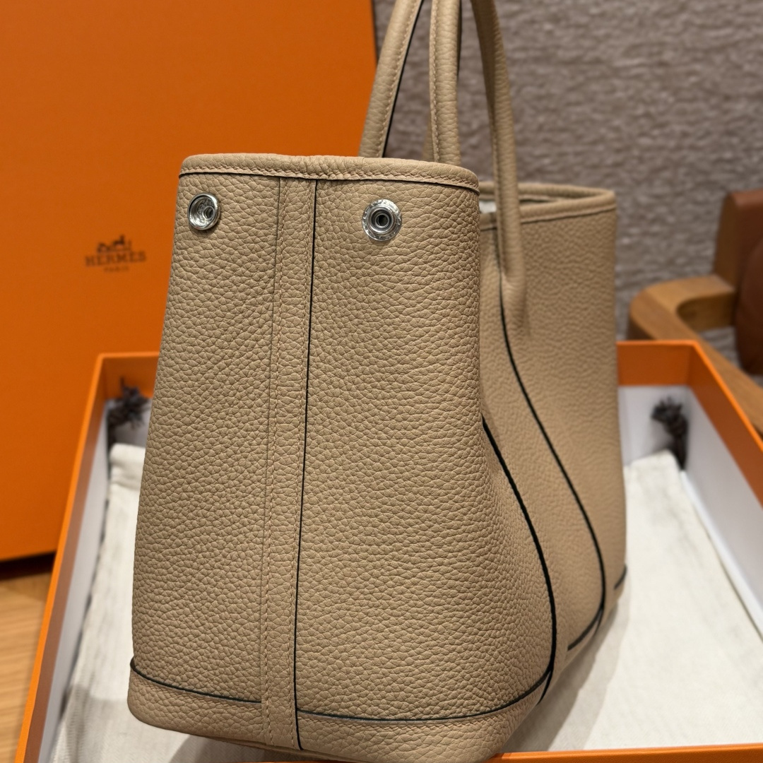 高仿Hermes*Garden Party30系列H051568S2風衣灰牛皮銀扣純手工