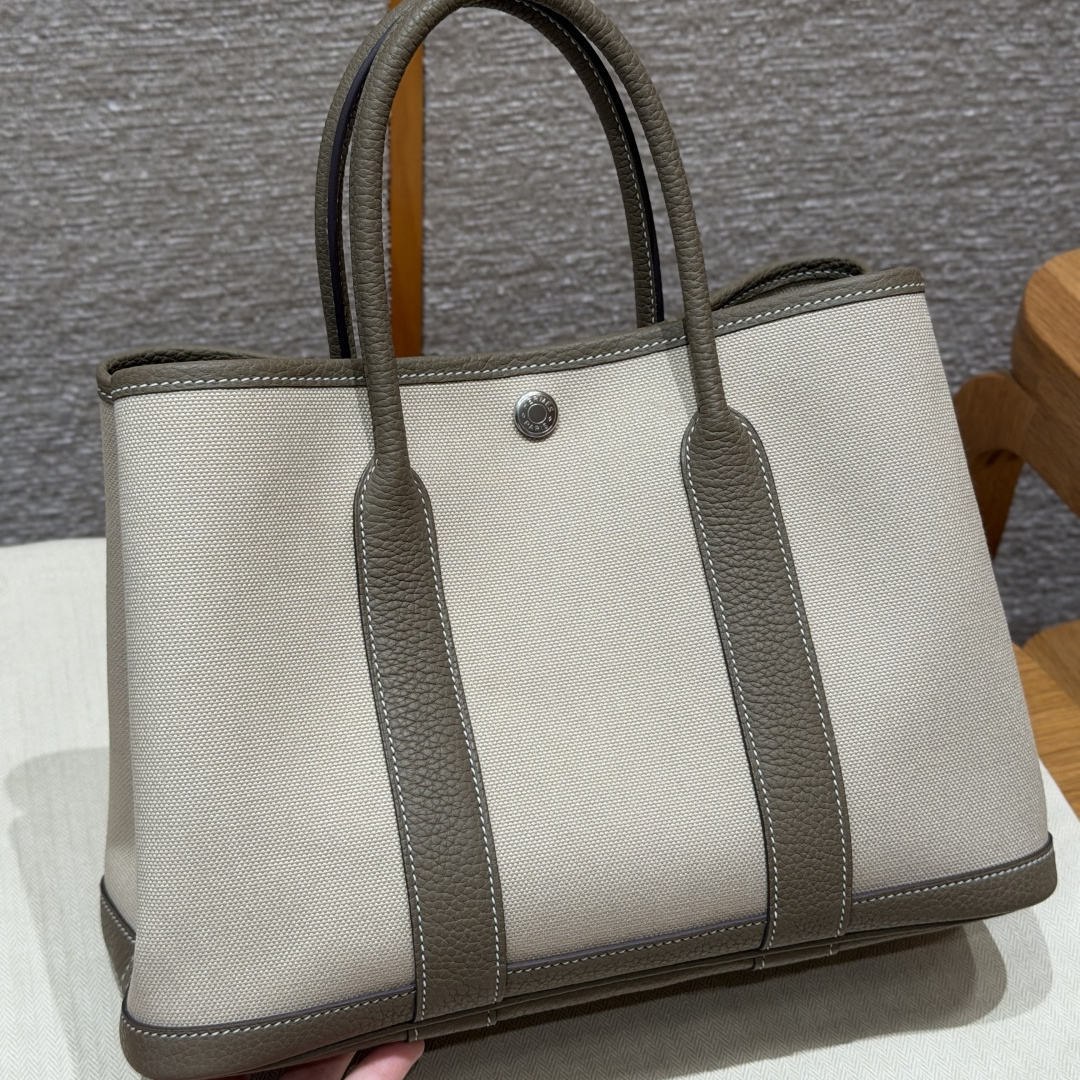 高仿Hermes*Garden Party30系列H0695738L18冰川白拼大象灰帆布牛皮銀扣純手工