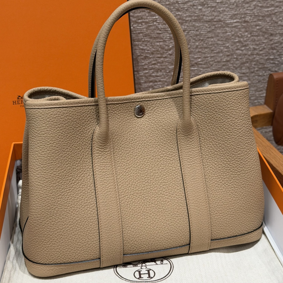 高仿Hermes*Garden Party30系列H051568S2風衣灰牛皮銀扣純手工