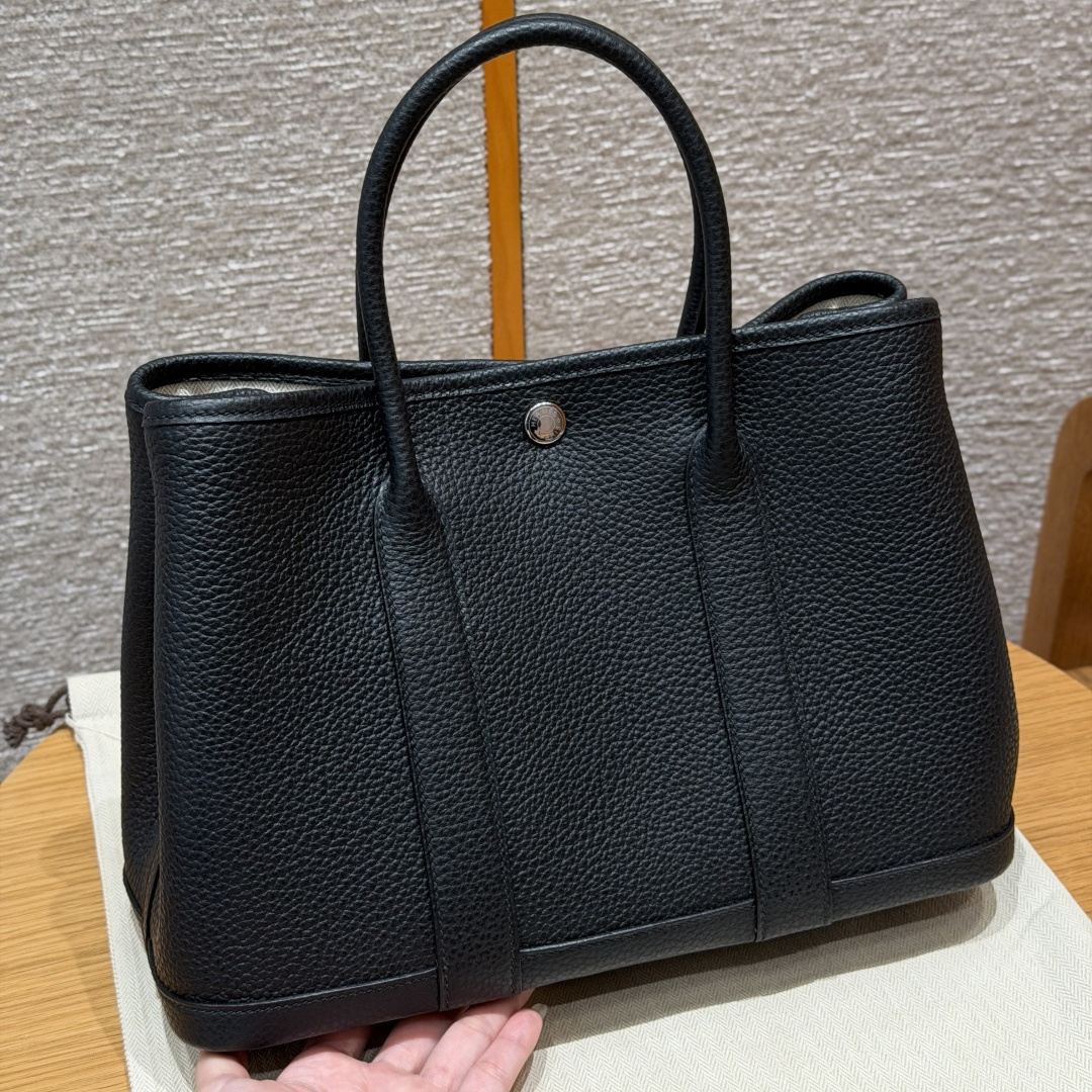 高仿Hermes*Garden Party30系列H05156889黑色牛皮銀扣純手工