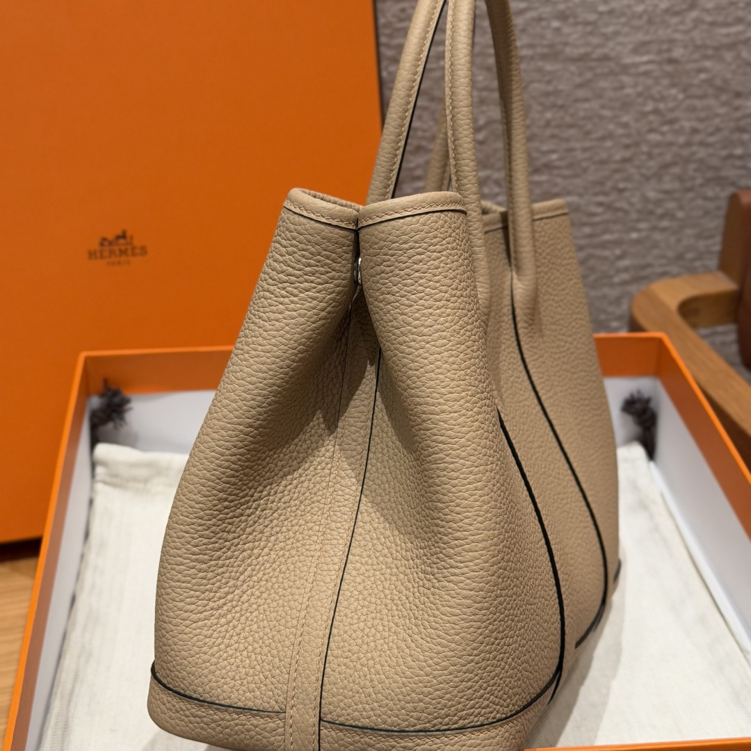 高仿Hermes*Garden Party30系列H051568S2風衣灰牛皮銀扣純手工