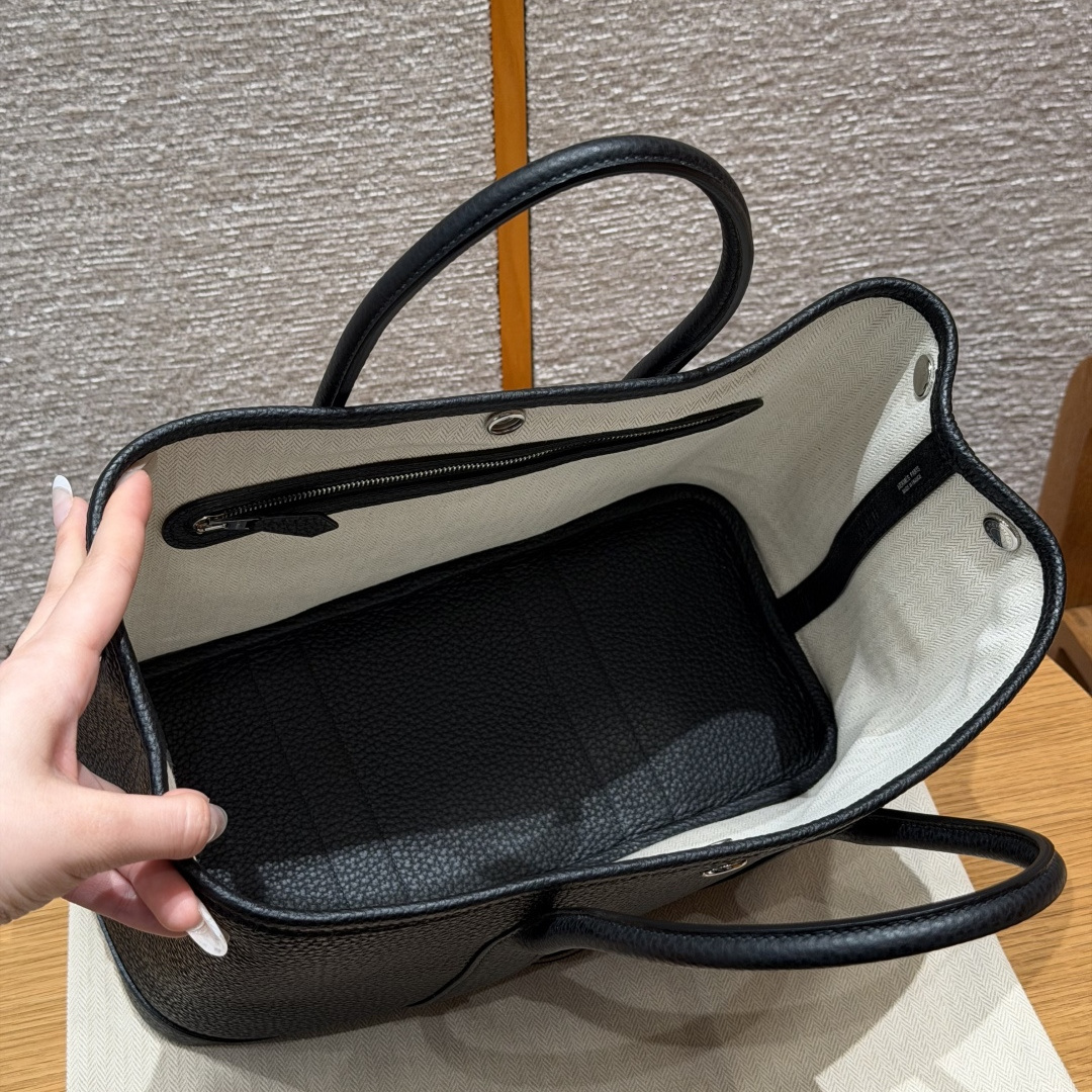 高仿Hermes*Garden Party30系列H05156889黑色牛皮銀扣純手工