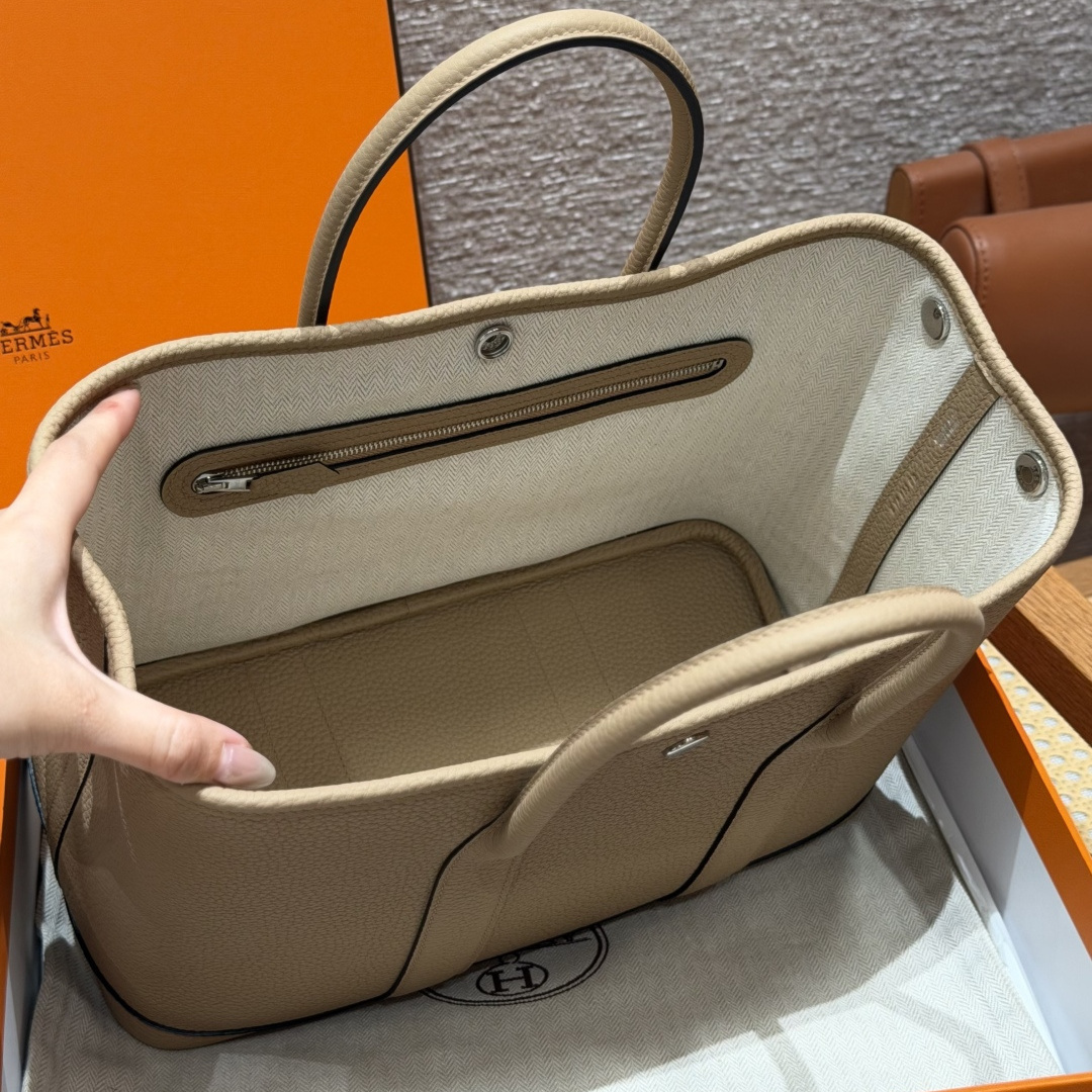 高仿Hermes*Garden Party30系列H051568S2風衣灰牛皮銀扣純手工