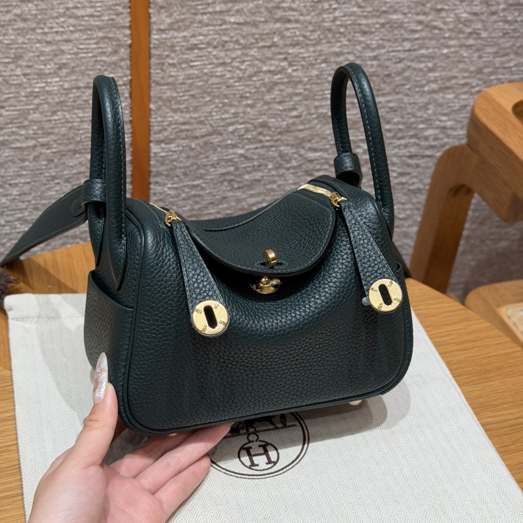 高仿Hermes*Lindy19系列H079086TC67深綠色牛皮金扣純手工