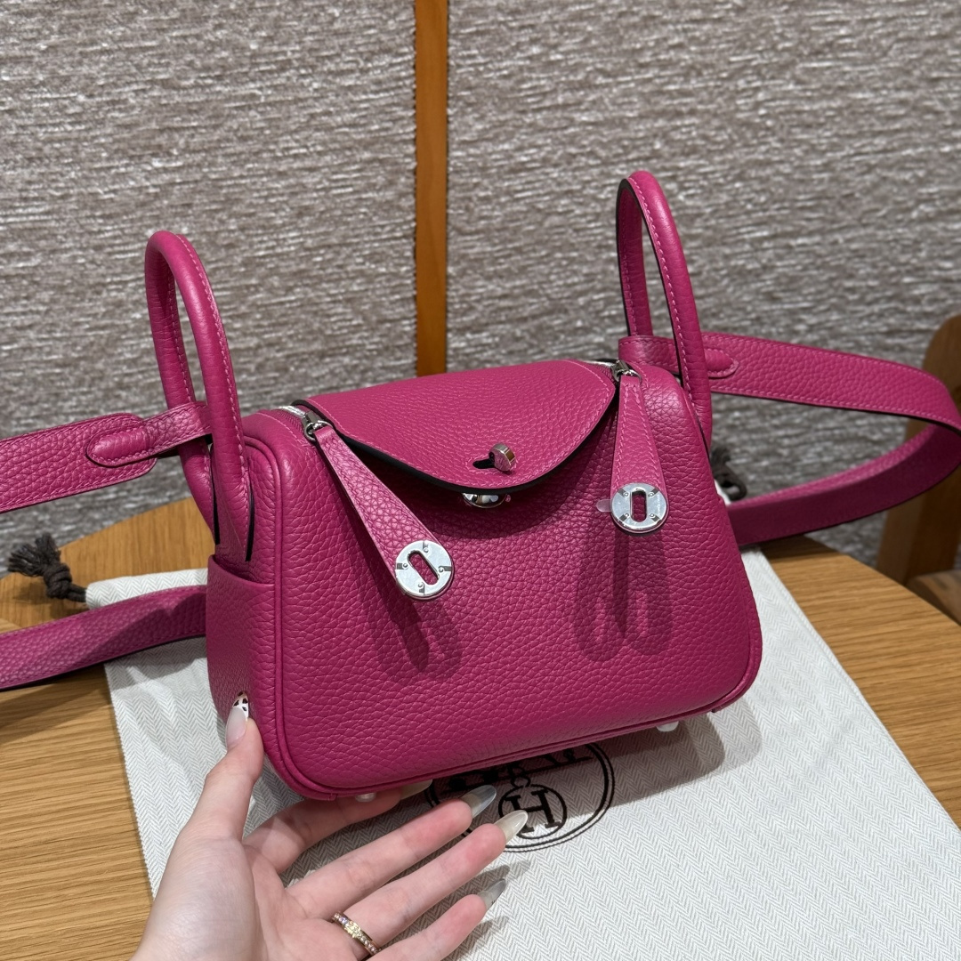 高仿Hermes*Lindy19系列H079086TCL3玫瑰紫牛皮銀扣純手工