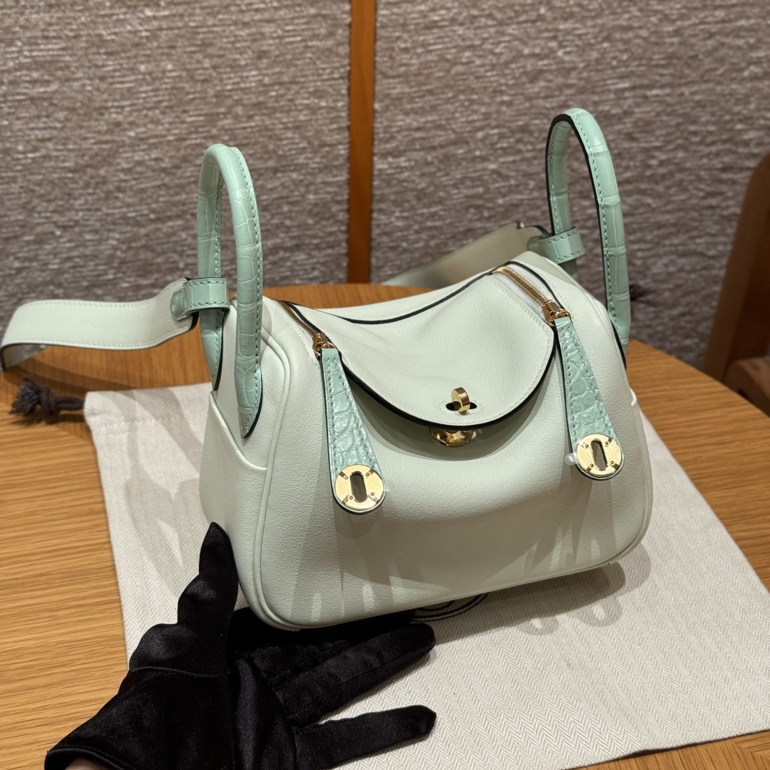 高仿Hermes*Lindy19系列H079086SWCMOZ6W氣泡綠拼薄荷綠牛皮鱷魚皮金扣純手工