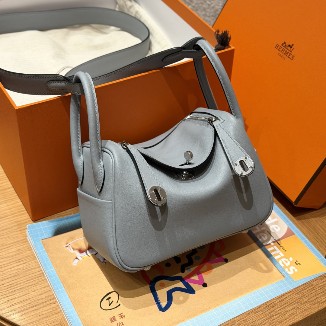 高仿Hermes*Lindy19系列H079086SWP0木偶灰牛皮銀扣純手工