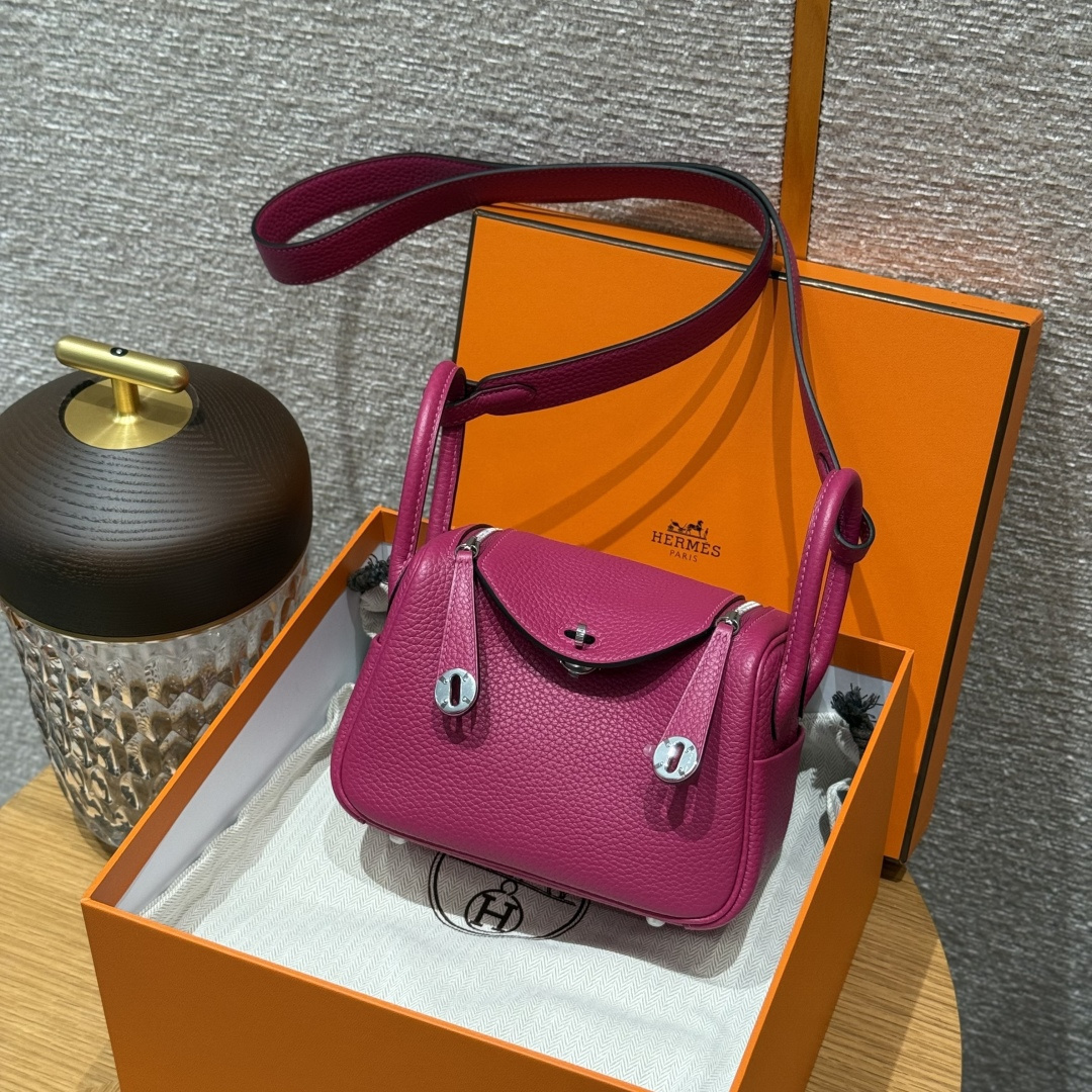 高仿Hermes*Lindy19系列H079086TCL3玫瑰紫牛皮銀扣純手工